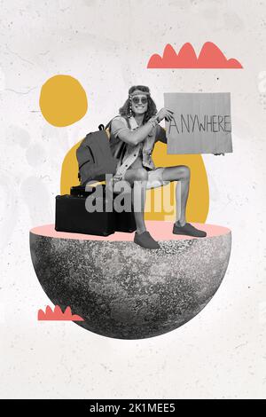 Photo créative 3D collage affiche carte postale art de la personne heureuse garçon assis partie de la terre capture voiture isolée sur le fond de dessin Banque D'Images