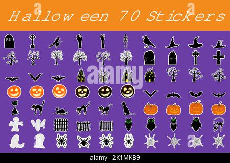 Ensemble d'autocollants des fêtes d'Halloween avec éléments Shadows. Collection avec Bat, Ghost, grave, arbre, Lune, Citrouille, sorcière, squelette et chat sur fond blanc Illustration de Vecteur