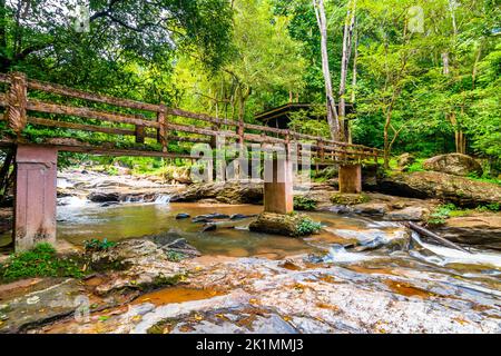 Pont en bois au-dessus de la rivière Mae sa, près de la cascade, Thaïlande. Vieux pont placé dans la forêt tropicale. Arbres verts frais, plantes et pu vibrant Banque D'Images