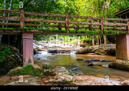 Pont en bois au-dessus de la rivière Mae sa, près de la cascade, Thaïlande. Vieux pont placé dans la forêt tropicale. Arbres verts frais, plantes et pu vibrant Banque D'Images