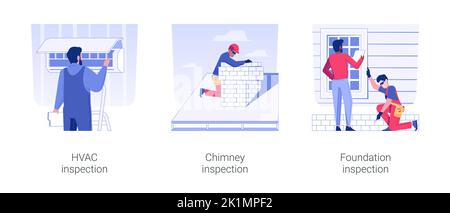 Ensemble d'illustrations vectorielles isolées pour l'évaluation de la qualité des bâtiments. Inspection des cheminées et CVC, examen des fondations, entretien des maisons privées, dessin animé vecteur de sécurité des biens. Illustration de Vecteur