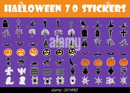 Ensemble d'autocollants des fêtes d'Halloween avec éléments Shadows. Collection avec Bat, Ghost, grave, arbre, Lune, Citrouille, sorcière, squelette et chat sur fond blanc Illustration de Vecteur