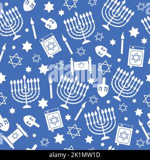 Hanukkah modèle sans couture avec menorah, dreidel, bougies, étoile de David. Texture bleue de fête juive, fond. Conception de vecteur mignon pour fonds d'écran Illustration de Vecteur