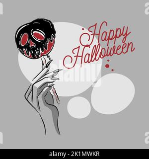 Joyeux Halloween, citations manuscrites, une pomme sous la forme d'un crâne dans une main avec de longs ongles, un style doodle dessinant sur un fond gris Illustration de Vecteur