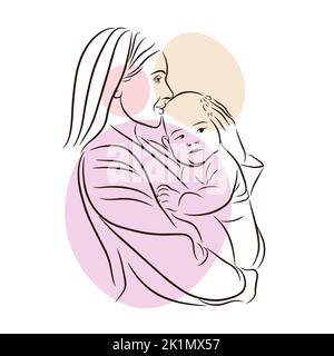 Une jeune mère tient un bébé dans ses bras, l'amour, la mère câline et embrasse un nouveau-né, sentiments chaleureux, ligne, dessin de contour dans le style de doodle Illustration de Vecteur