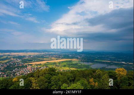 View from walls of Chojnik castle on Karkonosze National Park before storm. Stock Photo