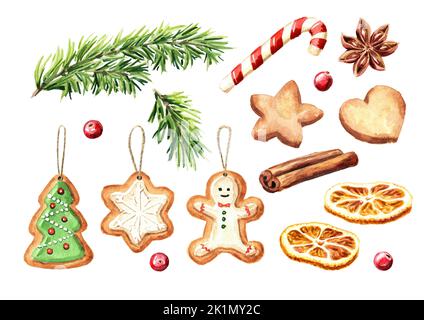 Pain d'épice du nouvel an, orange séché, cannelle, cardamome. L'odeur de Noël concept. Illustration aquarelle dessinée à la main isolée sur fond blanc Banque D'Images