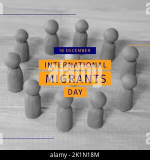 Composition du texte de la journée internationale des migrants sur la photo noire et blanche des pions en cercle Banque D'Images