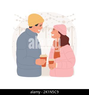 Illustration vectorielle isolée de la bande dessinée réchauffant les boissons. Joyeux couple marchant avec du café chaud, vacances d'hiver, marché de Noël, passer du temps de Noël ensemble vector caricature. Illustration de Vecteur