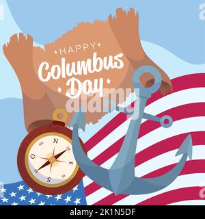 Drapeau américain d'ancre de couleur et boussole Columbus day concept poster Vector Illustration de Vecteur