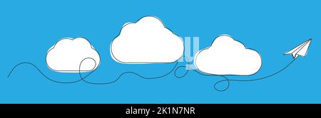 dessin d'une seule ligne de nuages dans le ciel avec plan en papier, illustration vectorielle de dessin au trait Illustration de Vecteur