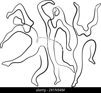 Trois danseurs basés sur le dessin de Picasso. Illustration en noir et blanc des figures dansantes. Style de mise en plan continu d'un dessin au trait. Illustration vectorielle Illustration de Vecteur