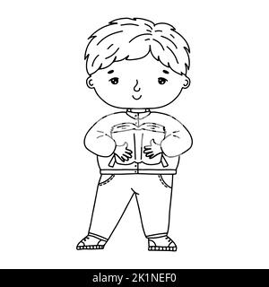 Un joli petit garçon avec un livre en forme de doodle dessiné à la main. Illustration d'esquisse vectorielle de Kid Illustration de Vecteur