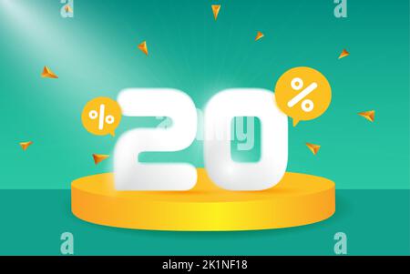 20 % de réduction. Remise sur la composition créative. 3d symbole de vente avec objets décoratifs, podium. Bannière et affiche de vente Illustration de Vecteur