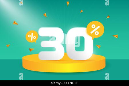 30 % de réduction. Remise sur la composition créative. 3d symbole de vente avec objets décoratifs, podium. Bannière et affiche de vente Illustration de Vecteur