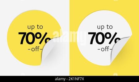 Vector jusqu'à 70 % de vente boutons forme bannière Design Set. Bannières créatives rondes jaunes et blanches isolées pour les créations graphiques publicitaires Illustration de Vecteur