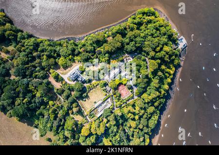 En haut sur Greenway, Dittisham et River Dart d'un drone, Devon, Angleterre, Europe Banque D'Images
