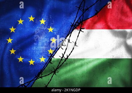 Grunge drapeaux de l'UE et de la Hongrie divisé par l'illustration barbelée, concept de relations tendues entre et différend de l'Union européenne et de la Hongrie Banque D'Images
