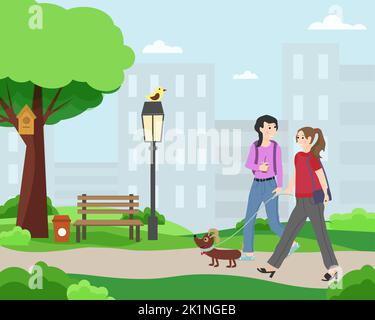 Les filles marchent dans le parc de la ville avec un chien. Réunion d'amis. Illustration vectorielle. Illustration de Vecteur