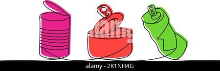 Jeu de déchets d'aluminium une ligne de mise en plan continue colorée. Boîtes en métal, boîte en étain continu une ligne colorée illustration de l'ensemble. Illustration de Vecteur