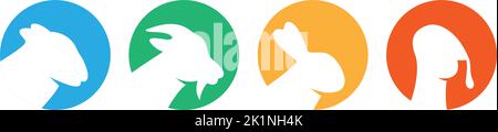 Ensemble de silhouettes de têtes d'animaux de ferme. Silhouettes à tête de lapin, dinde, chèvre, mouton. Illustration vectorielle. Animaux de ferme dans des icônes de cercle de couleur Illustration de Vecteur