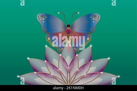 Texte « Sacred lotus flower » et logo « mystiques papillons » avec modèle coloré « Butterfly Purple flower ». Vector Design for Fashion, carte d'affichage Illustration de Vecteur