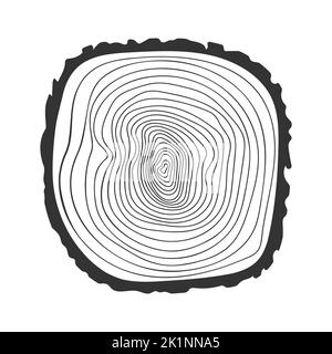 Icône en forme d'arbre en forme d'anneau de croissance en forme d'arbre. Section transversale du tronc pour déterminer l'âge de l'arbre. Dendrochronologie concept. Timbre de texture en bois dessiné à la main isolé sur fond blanc. Illustration graphique vectorielle Illustration de Vecteur
