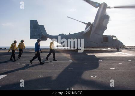 MER DE CHINE ORIENTALE (SEPT 17, 2022) les marins affectés au transporteur d’assaut amphibie déployé à l’avant USS America (LHA 6) terminent le chargement sur un avion Tiltrotor MV-22B Osprey des « Tigers volants » de l’escadron marin de Tiltrotor moyen (VMM) 262 sur le pont de vol américain pendant les opérations de vol en mer de Chine orientale, le 17 septembre 2022. L'Amérique, navire chef de file du America Amphiobie Ready Group, opère dans la zone d'opérations 7th de la flotte pour améliorer l'interopérabilité avec ses alliés et ses partenaires et servir de force de réaction prête à l'emploi pour défendre la paix et la stabilité dans la région Indo-Pacifique. (É.-U. Banque D'Images