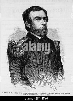 Portrait du capitaine Andrew Hull Foote, U.S. Navy, commandant la flottille de canonnière contre le fort Henry. 1862. Illustration de la guerre de Sécession de 19th siècle dans le journal illustré de Frank Leslie Banque D'Images