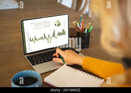 Main rognée d'une femme d'affaires caucasienne analysant un rapport d'affaires sur ordinateur portable et écrivant des notes Banque D'Images