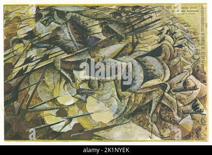 La charge des Lancers, 1915, collage, carton, tempera. L'œuvre d'Umberto Boccioni. La charge des Lanciers est la seule œuvre connue de Boccioni consacrée exclusivement au thème de la guerre. Étant un collage, la charge était également un départ rare pour l'artiste en termes de moyen. Dans les travaux précédents, Boccioni avait utilisé la figure du cheval comme symbole de travail, mais dans ce collage, le cheval devient un symbole de guerre et de force naturelle, car il semble être en surmontant une horde de baïonnettes allemandes. Si, en fait, Boccioni établissait la force brute du cheval sur les armes artificielles Banque D'Images