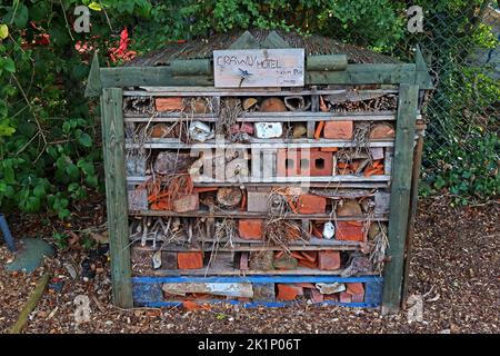 Bug Hotel à GAFA, Glossopdale action pour les allotements, Gamesley Estate, Melandra Castle Road, Gamesley, High Peak, Angleterre, ROYAUME-UNI, SK13 0BN Banque D'Images
