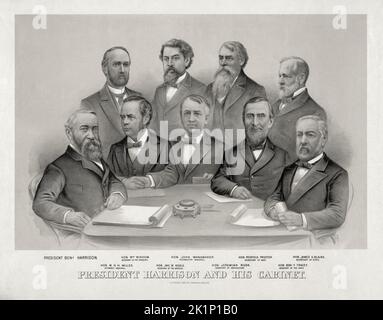 Une gravure du président américain Benjamin Harrison et de son cabinet de : Front (de gauche à droite) : Harrison, William Windom, John Wanamaker, Redfield Proctor, James G. Blaine; Retour (de gauche à droite) : William H. H. Miller, John W. Noble, Jeremiah M. Rusk, Benjamin F. Tracy. Banque D'Images