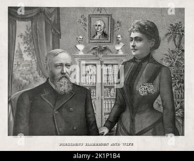 Une gravure du président américain Benjamin Harrison et de sa femme Caroline Scott Harrison, qui est décédée de la tuberculose en 1892. Banque D'Images