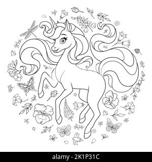 Jolie licorne entourée de fleurs et de papillons. Illustration vectorielle de dessin animé à colorier. Illustration de Vecteur