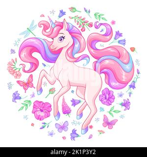 Jolie licorne rose entourée de fleurs et de papillons. Illustration vectorielle de dessin animé. Illustration de Vecteur