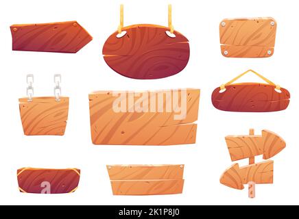 Vieux panneaux de signalisation en bois clair et brun, des pointeurs de route sur le poteau, des planches ovales suspendues sur la chaîne et la corde. Panneaux en bois isolés sur fond blanc, ensemble de dessins animés vectoriels Illustration de Vecteur