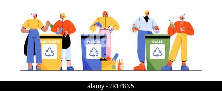 Les gens trient les déchets dans des conteneurs à ordures pour le plastique, la nourriture et le verre. Concept de recyclage des déchets avec les personnages débaissent, les bouteilles des sacs et de la boîte, illustration vectorielle plate Illustration de Vecteur