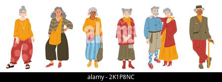 Les vieux modernes, les femmes adultes et les hommes âgés dans les vêtements de mode. Grands-mères et grands-pères heureux dans des vêtements décontractés tendance isolés sur fond blanc, illustration vectorielle plate Illustration de Vecteur