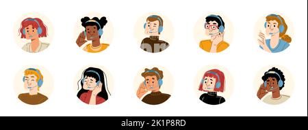 Avatars isolés de l'opérateur du centre d'appels, ensemble d'icônes rondes. Service d'assistance clientèle, agents d'aide en ligne portant un casque. Télémarketing, assistance technique sur Internet, illustration vectorielle linéaire à plan de dessin animé Illustration de Vecteur