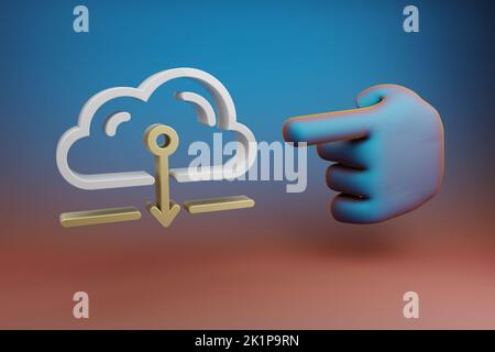 De belles illustrations abstraites index main pointe vers Cloud Server icône de symbole de téléchargement sur un arrière-plan lumineux multicolore. 3d illustration du rendu Banque D'Images