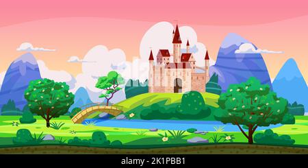 Paysage de château de conte de fées fantaisie, collines vertes, arbres, source, rivière, montagnes, panorama. Illustration d'arrière-plan de dessin animé vectoriel Illustration de Vecteur