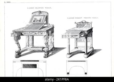 Table de dessin de la dame (à gauche) et écriture de l'écran de la dame Table du guide du fabricant d'armoires et du tapissier : étant un livre de dessin complet, dans lequel seront compris des traités sur la géométrie et la perspective comme applicable aux branches ci-dessus de la mécanique illustré par de nombreuses gravures de nouveaux et originaux dessins pour le mobilier de ménage, Et décoration intérieure magnifiquement et correctement colorée par Smith, George, 1808-1899 Date de publication 1826 Éditeur Londres : Jones and Co Banque D'Images