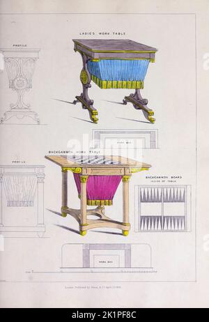 Table de travail de lady et table de Backgammon du guide du fabricant d'armoires et de tapisseries : être un livre de dessin complet, dans lequel seront compris des traités sur la géométrie et la perspective comme applicable aux branches ci-dessus de la mécanique illustré par de nombreuses gravures de nouveaux et originaux dessins pour le mobilier de ménage, Et décoration intérieure magnifiquement et correctement colorée par Smith, George, 1808-1899 Date de publication 1826 Éditeur Londres : Jones and Co Banque D'Images