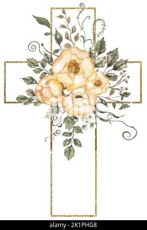 Aquarelle Croix florale peinte à la main Clipart, Pâques religieuse jaune pivoine fleur illustration, Baptême Croix clipart, Saint Esprit clipart, or fr Banque D'Images