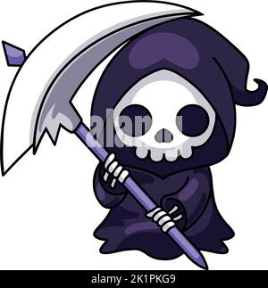 Un mignon Grim Reaper tenant scythe isolé sur fond blanc Illustration de Vecteur