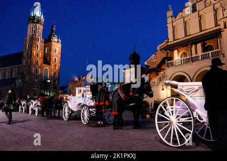 Calèches de Cracovie dans la vieille ville en face de la salle des draps Renaissance et de la basilique de la Vierge Marie, Pologne. Banque D'Images