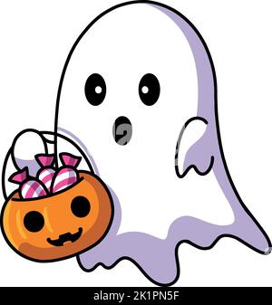 Un adorable fantôme avec bonbons dans le panier d'Halloween Illustration de Vecteur