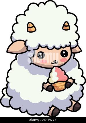 Un adorable autocollant kawaii de mouton avec de la crème glacée sur fond blanc Illustration de Vecteur