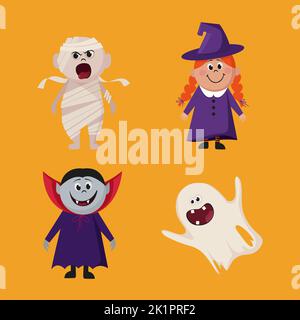 personnages de dessin animé sur la sorcière d'halloween dracula momie et fantôme Illustration de Vecteur